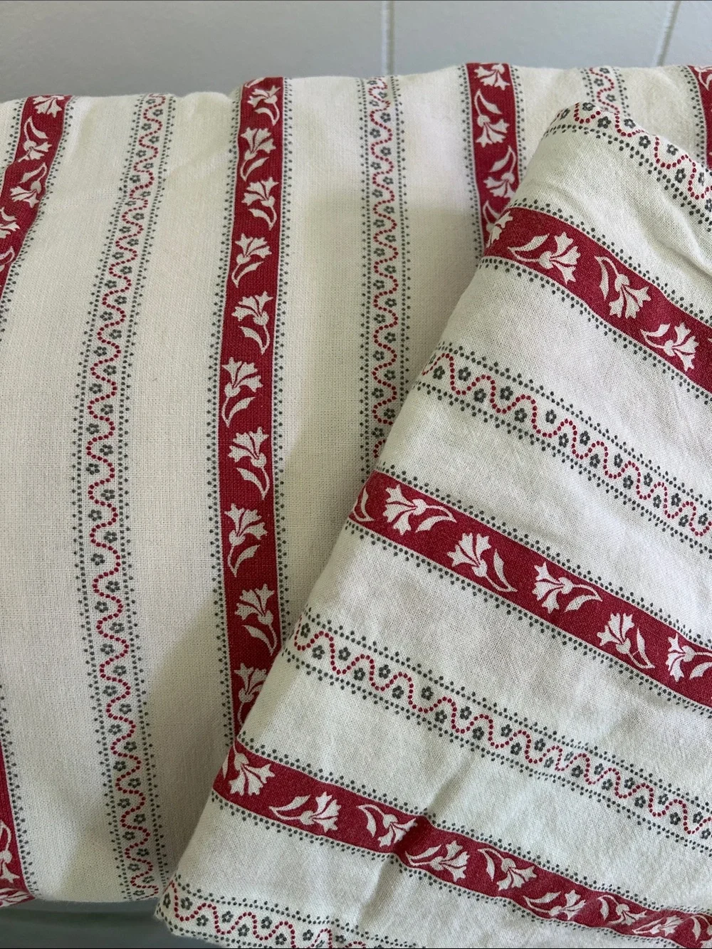 IKEA Red and White Striped Cotton Duvet Cover with Floral Bands